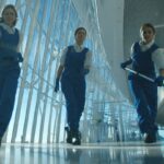 Home professional cleaning team in matching uniforms cl